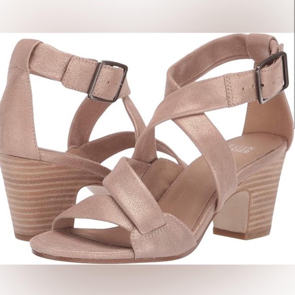 𝅺Eileen Fisher "Patsy" Metallic Gold Block Heel Strappy Leather Sandal Heels